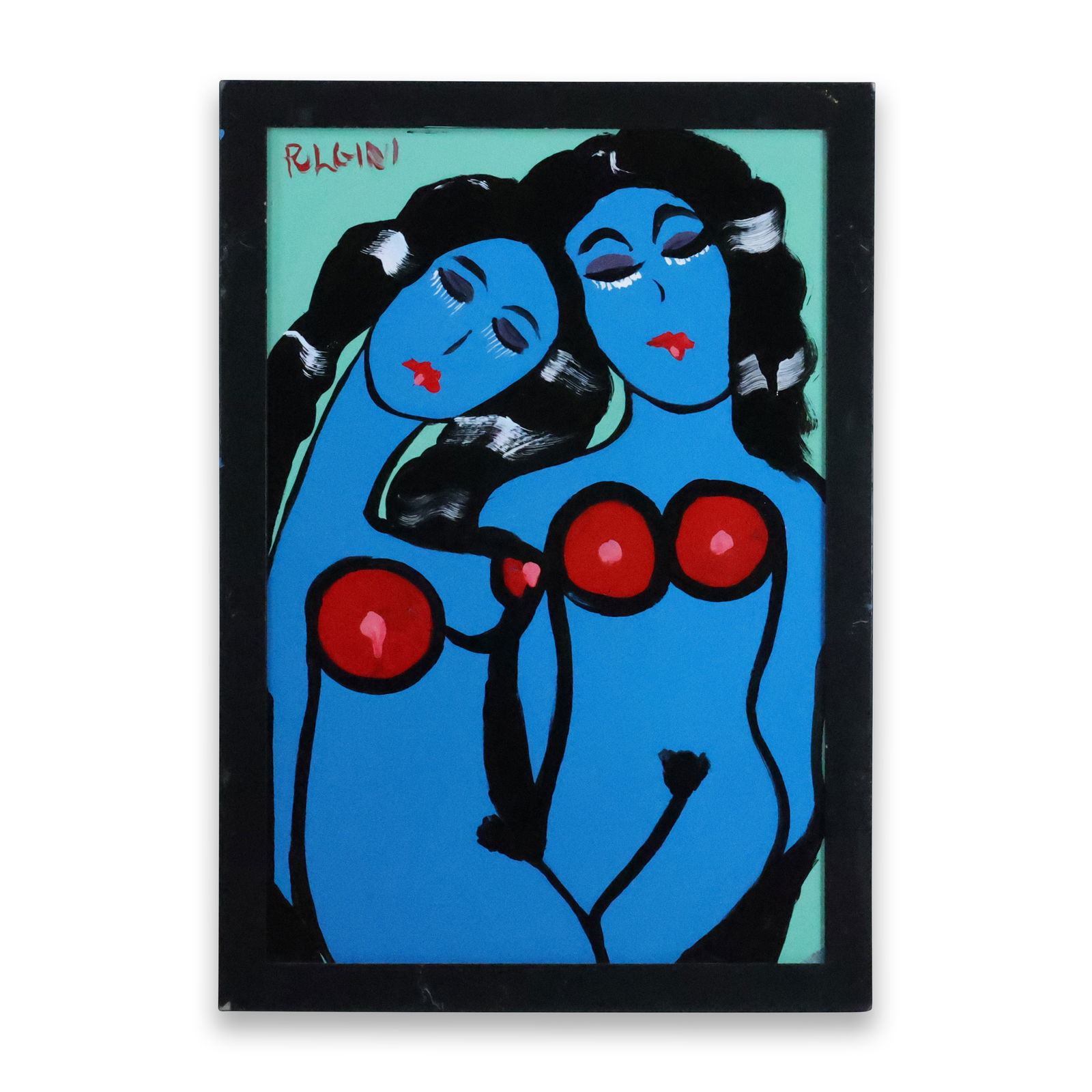 Thomas Pulgini, American, Oil on Board Painting, Two Lesbian Abstract Blue Nude Women: This striking oil on board painting by Thomas Pulgini, a well-listed American artist, features two abstract blue nude women. Pulgini, born in 1965 in Wilmington, Delaware, is a popular Philadelphia Mi