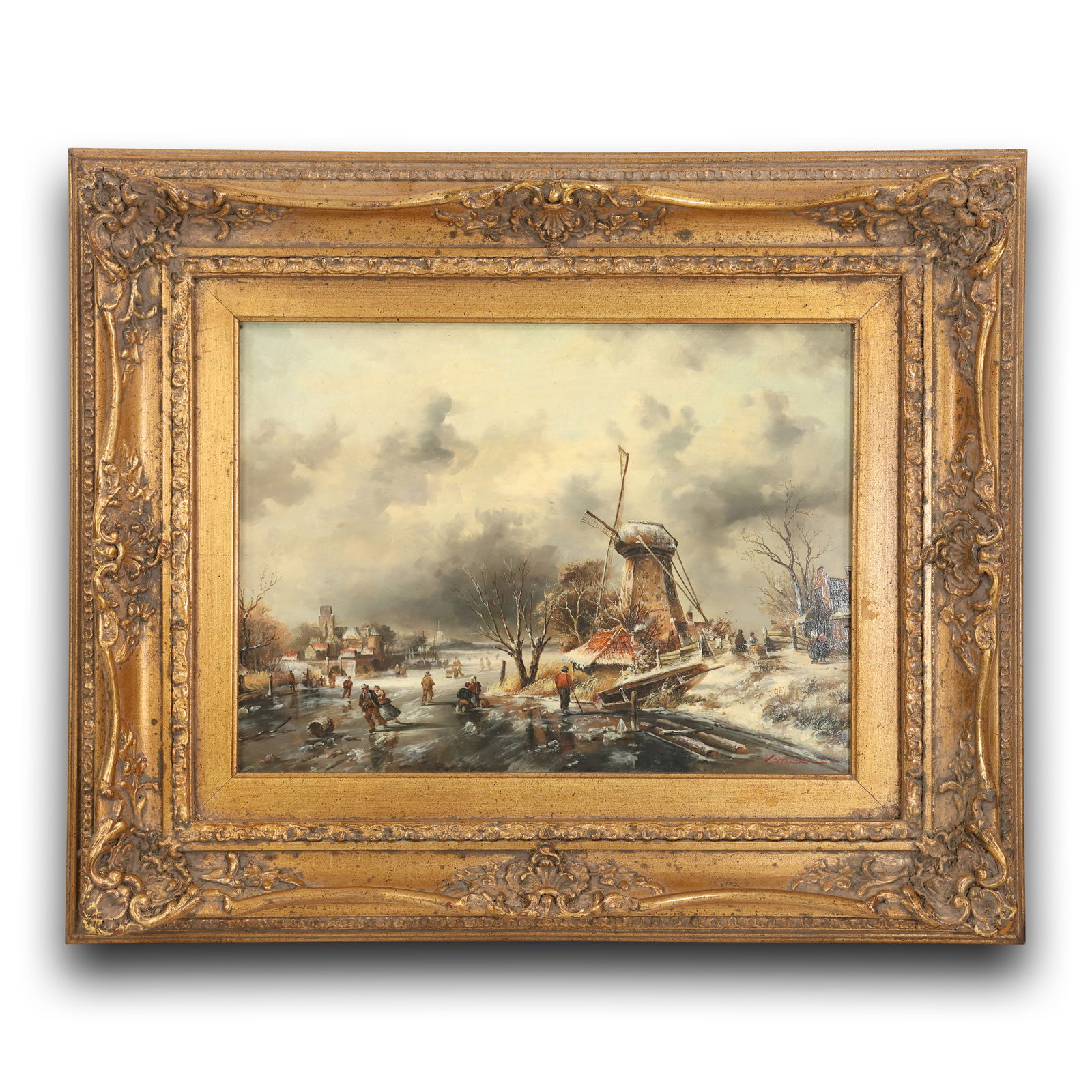 K. Stinski Signed Winter Landscape Painting – Ice Skating Scene Dutch Windmill (1 of 13)