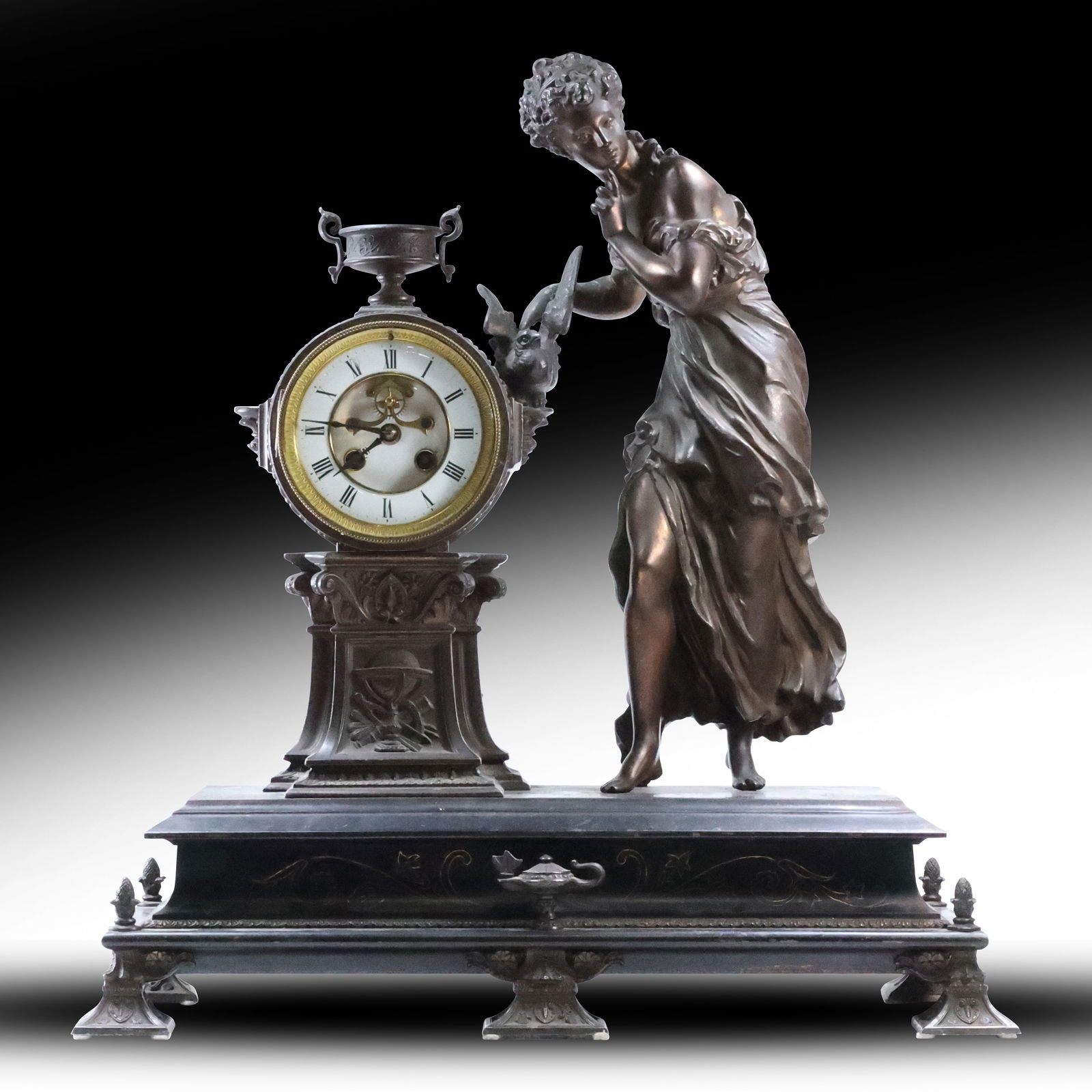 L. Martie et Cie 19th C. Figural Mantle Clock Art Nouveau Woman, Open Escapement 21 in. height (1 of 17)