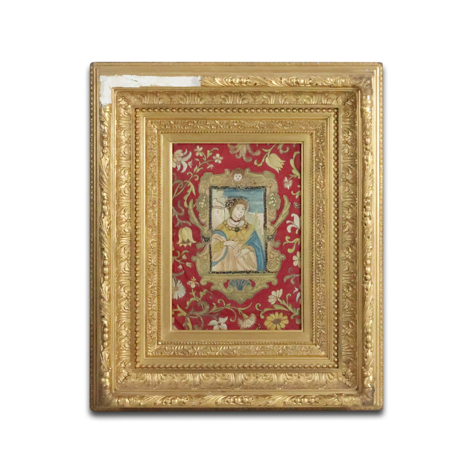Antique Early 19th C. French Tapestry Framed Panel Portrait Woman Holding Shank of Wheat (1 of 10)