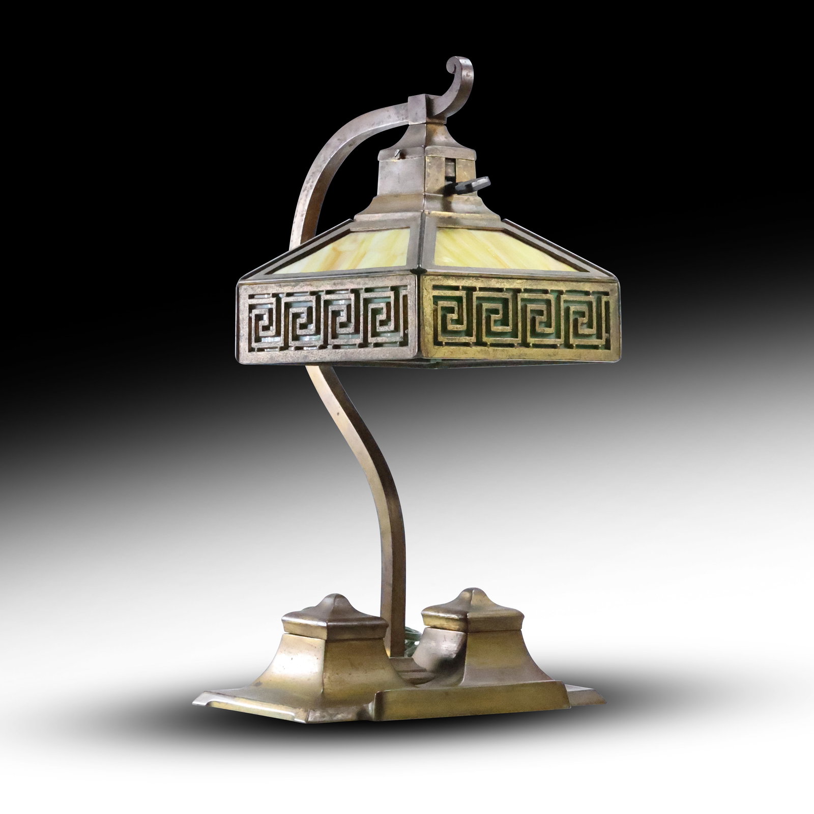 BRADLEY & HUBBARD Antique Slag Glass Brass Desk Lamp with Greek Key Design, Double Inkwells (1 of 14)