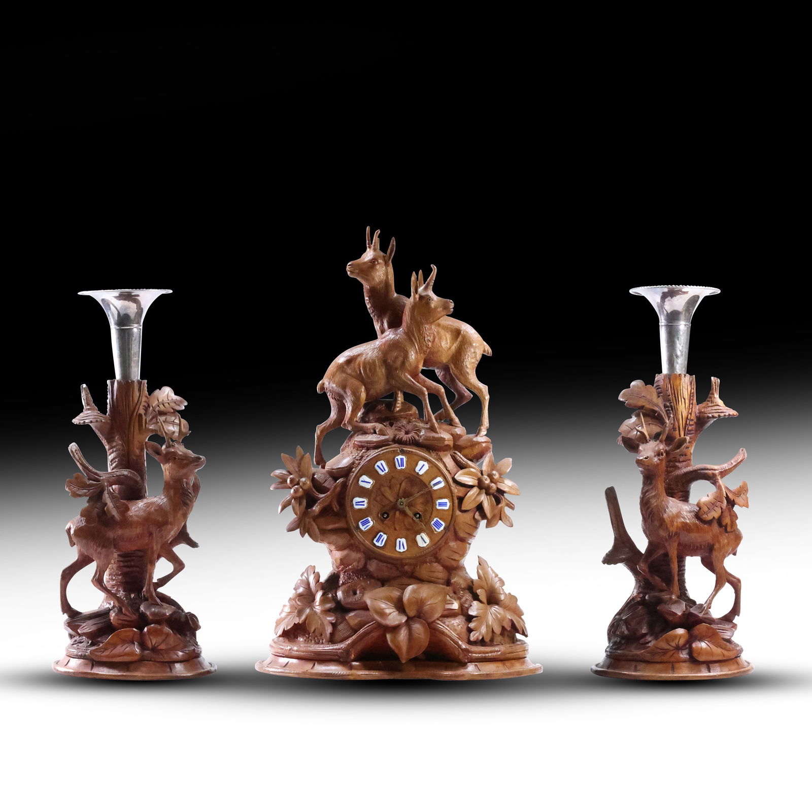 Spectacular 3-Piece Carved Wooden Black Forest Clock Set with Deers and Vase Garnitures (1 of 19)