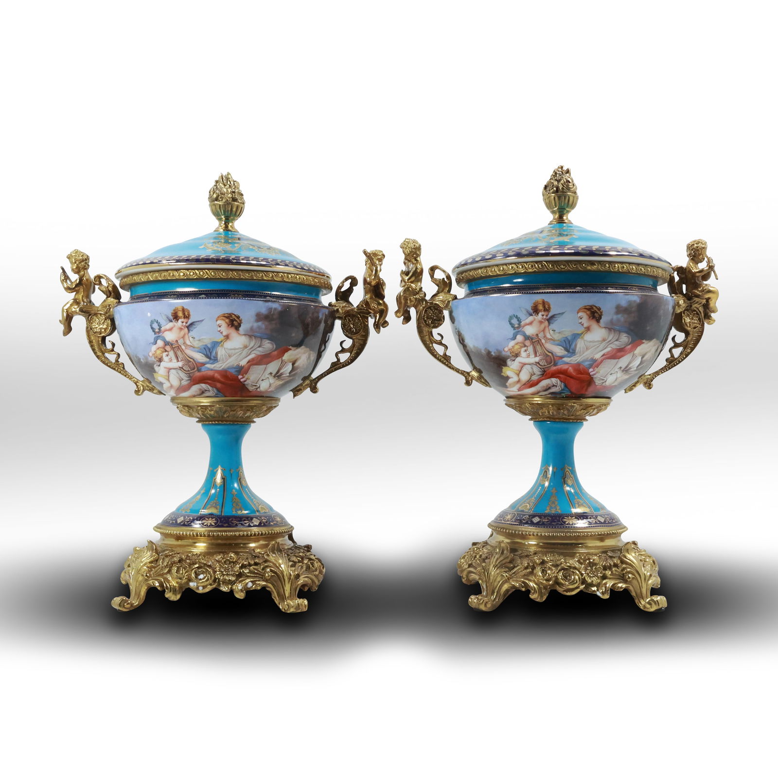 Pair of Cherub Porcelain and Bronze Lidded Jars in the Style of Blue 19th c Sèvres (1 of 16)