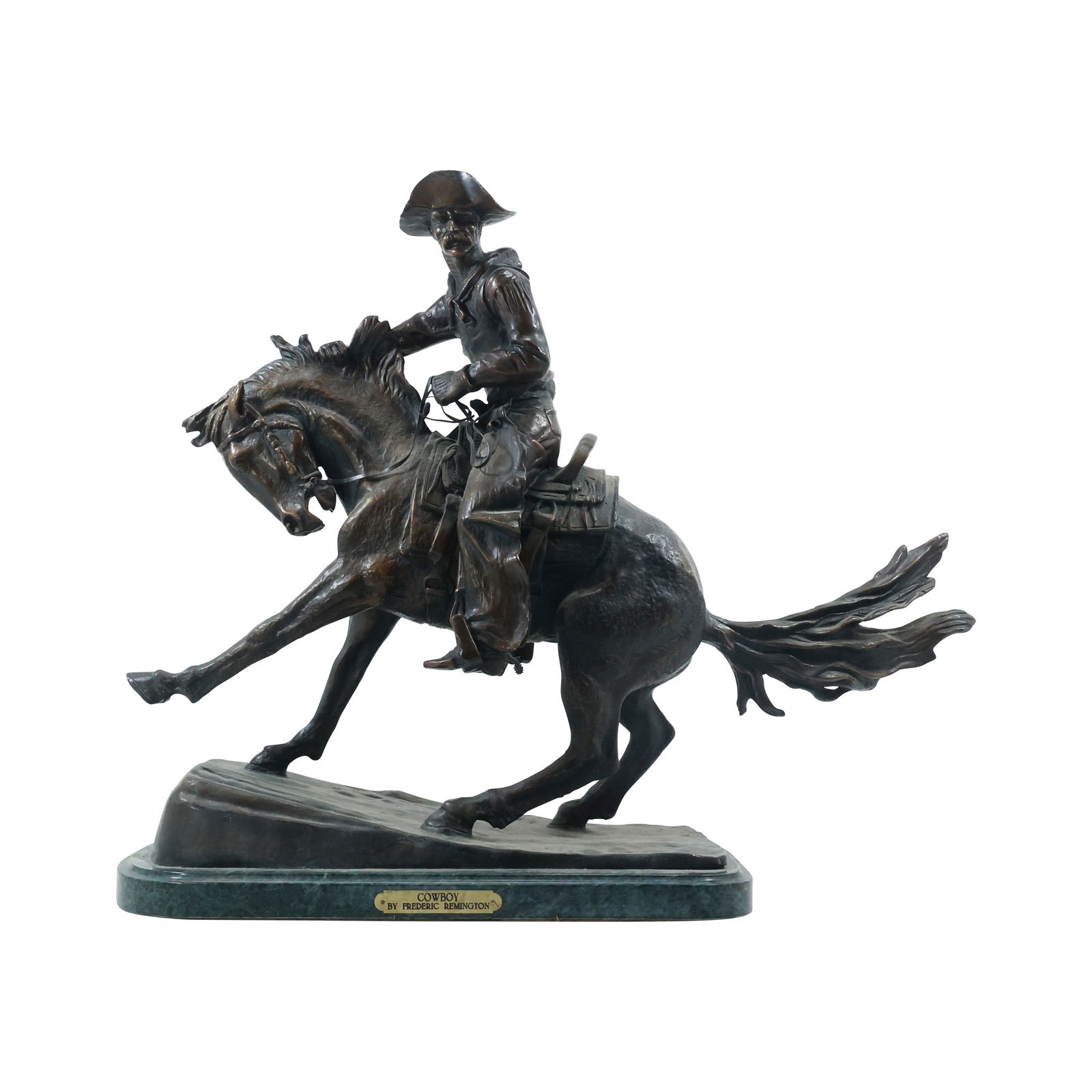 after Frederick Remington "Cowboy" Bronze Statue Sculpture Mounted on Marble Base 21.5 in. h. (1 of 18)