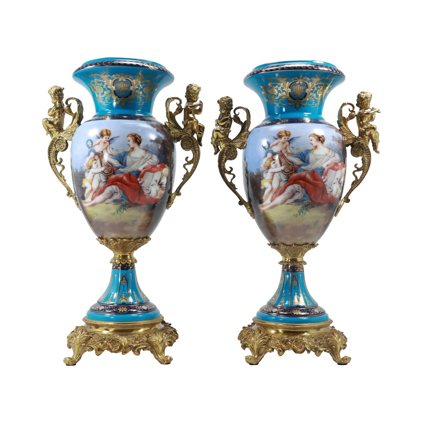 Pair 20th C. Decorative Bronze and Porcelain Vase Urns with Cherub Handles 18.25 in. height (1 of 12)