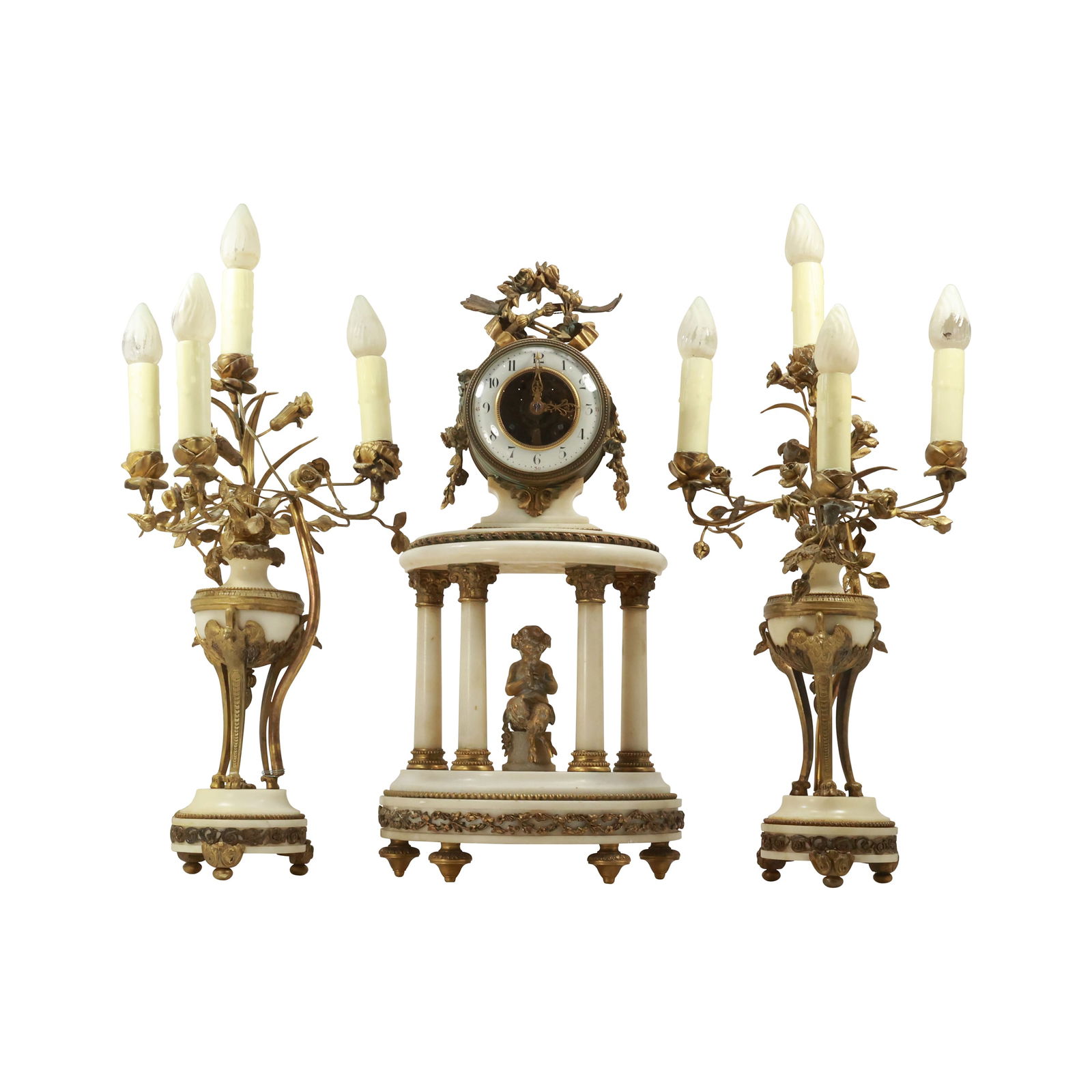 3-Piece French Louis XVI Style Bronze and White Onyx Clock Set, Putti Figures, Light Garnitures (1 of 16)