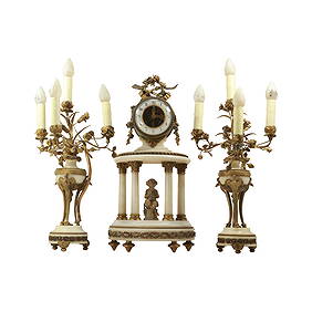 3-Piece French Louis XVI Style Bronze and White Onyx Clock Set, Putti Figures, Light Garnitures (1 of 16)