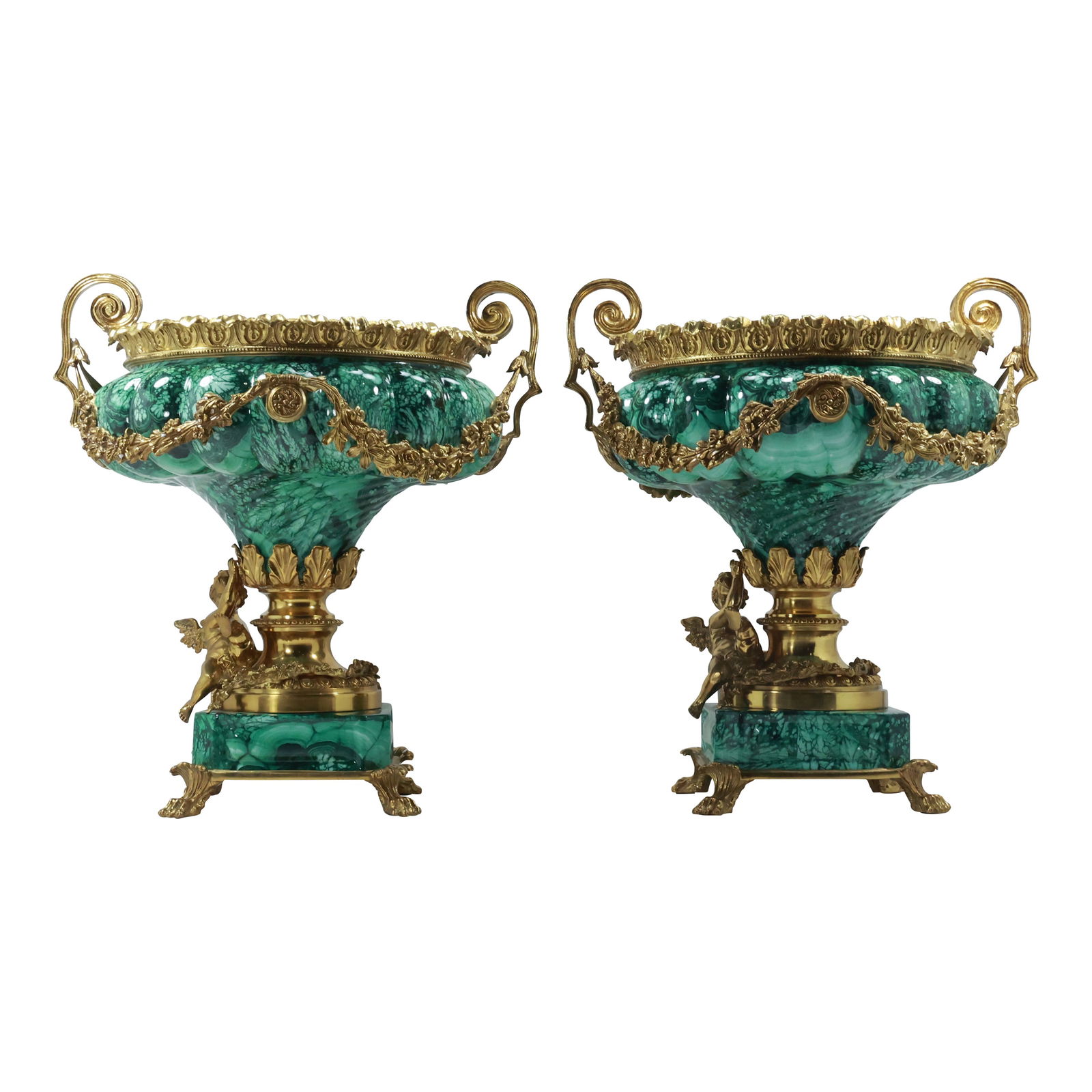 Pair 20th C. Malachite Color Porcelain Urns Mounted in Bronze with Winged Cherub Figures 15.75 in. (1 of 20)