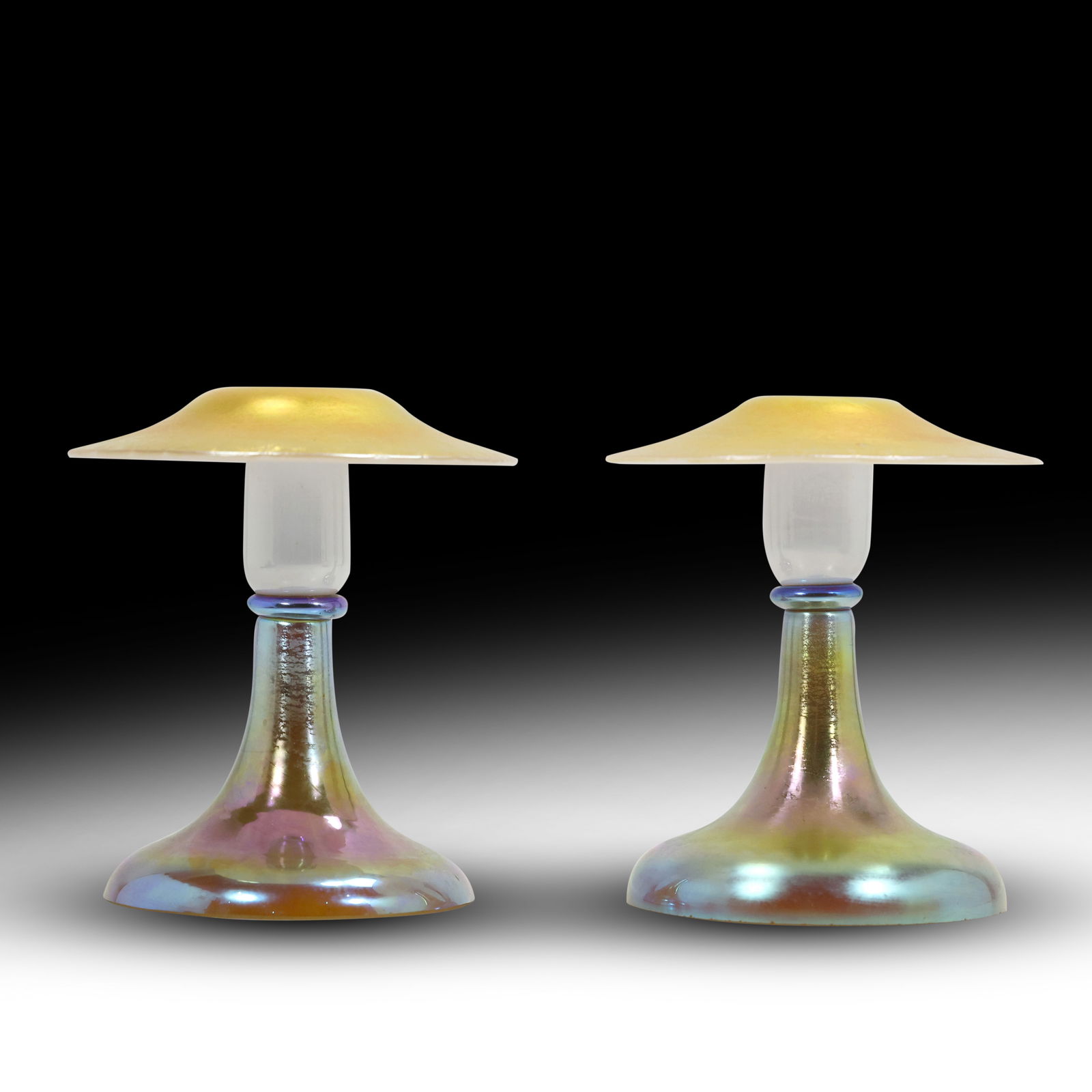 Pair STUEBEN Blue and Gold Aurene with Calcite Art Glass Iridescent Candlesticks 6.5 in. height (1 of 19)