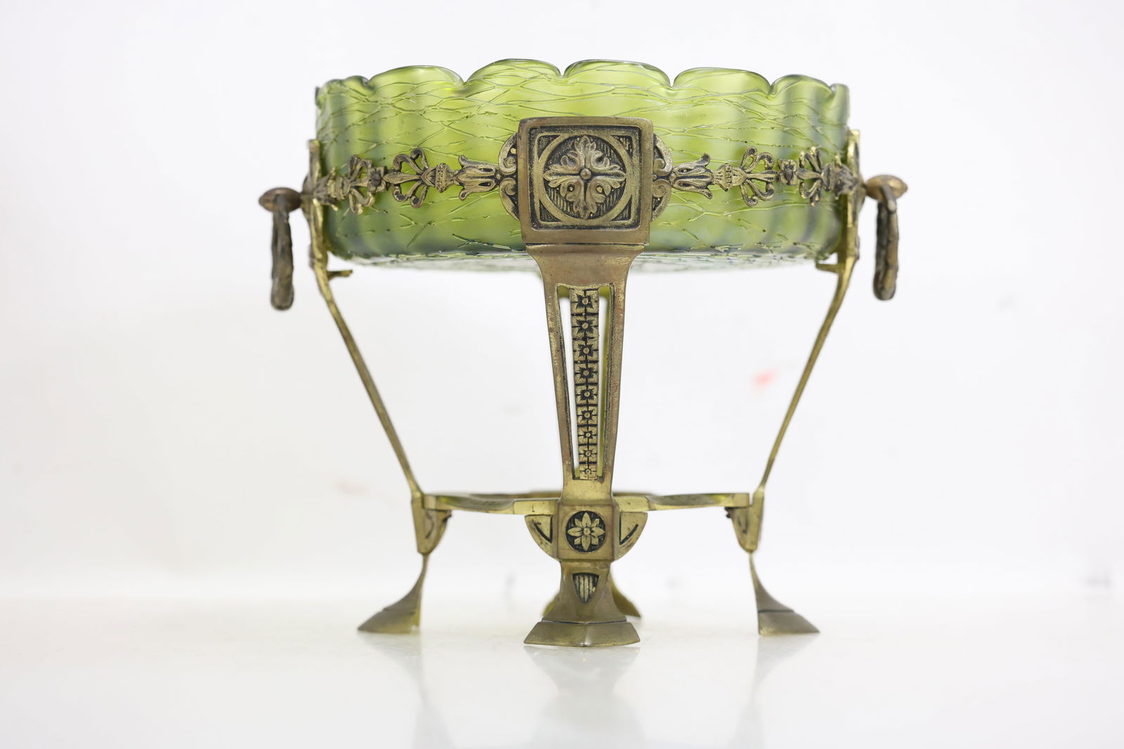19th C. Bronze Art Nouveau Compote Stand with Green Loetz Art Glass Fitted Bowl 8 in. h. x 8 in. w. (1 of 19)
