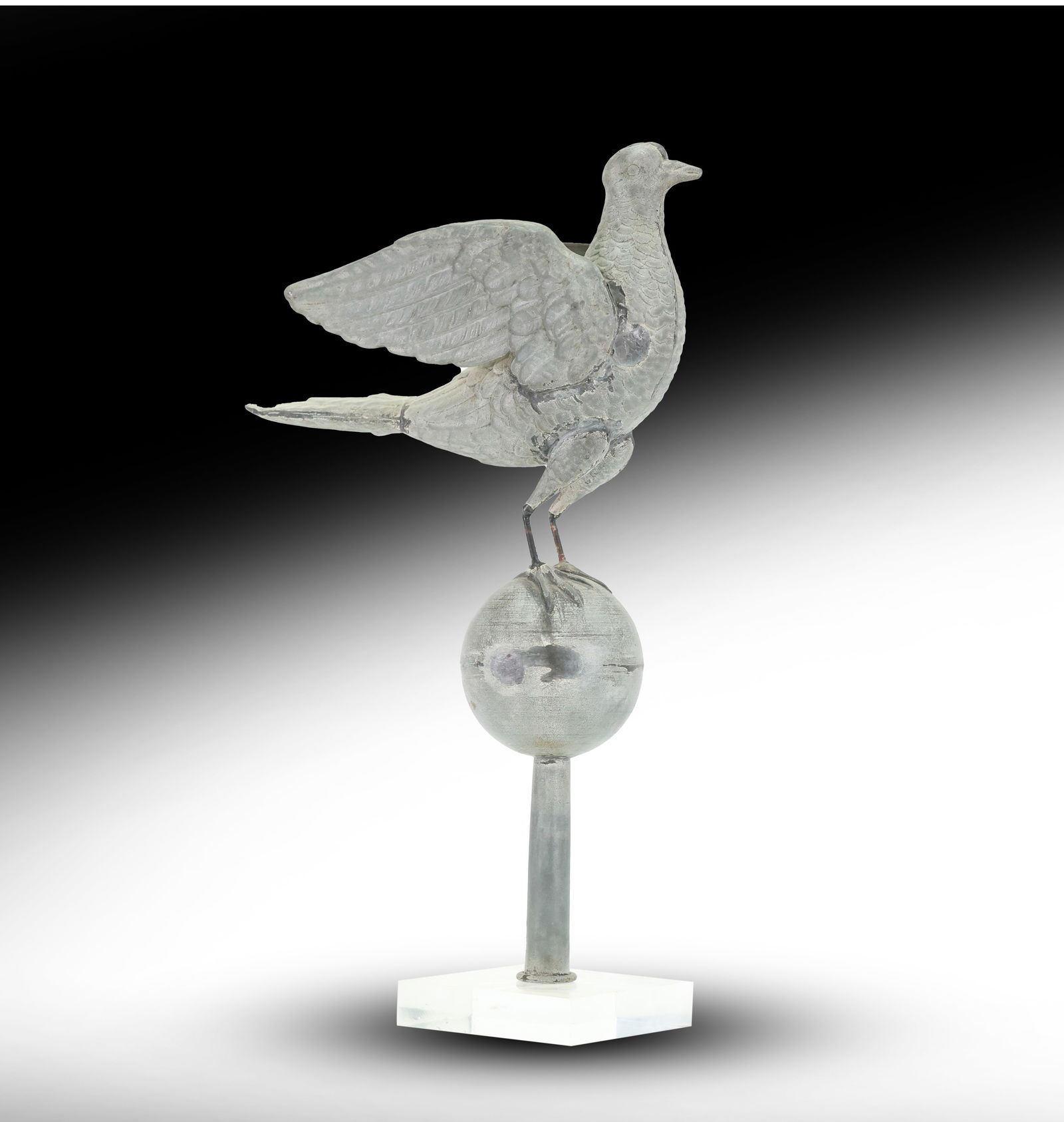 19th C. Americana Folk Art Zinc Full Bodied DOVE Bird on Globe Weathervane Top 23 in. x 13 in. (1 of 18)