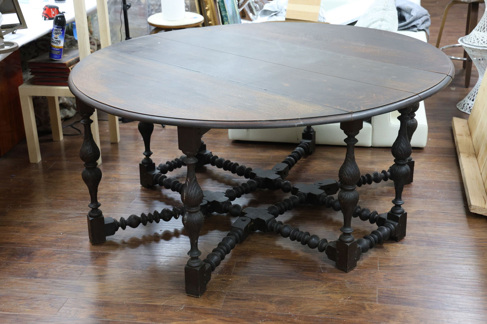 OLIVAIS LIBRARY TABLE in Oak Wood, Original Dark Finish, Exceptional Base, Drop Leaf Sides (1 of 19)