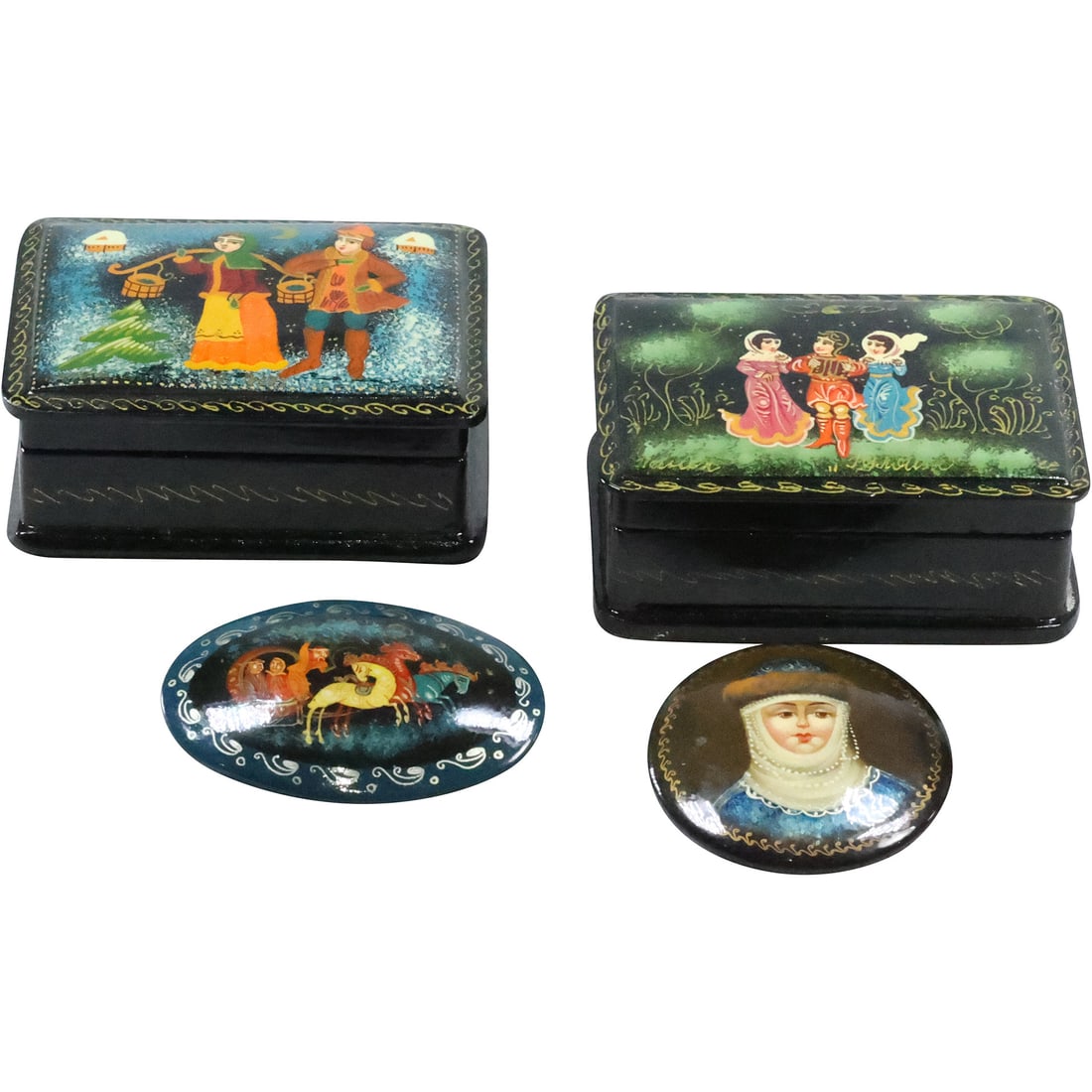 [4] Artist Signed Hand Painted Russian 2 Trinket Boxes and 2 Russian Scenic Pins (1 of 20)