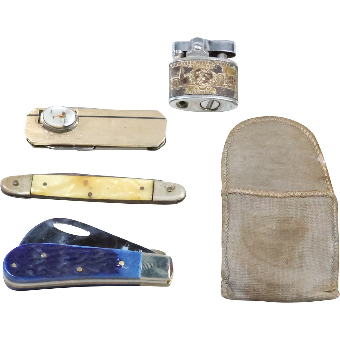 3 Knives MOP, Frost Blue Pocket Knife Hawkeye and Yamanak and NY World's Fair Lighter: 3 Knives MOP, Frost Blue Pocket Knife Hawkeye 2 3/4 in. x 1 1/4 in. and Yamanak 2-blade, gold filled pocket knife with sailboat 3-blade and NY World's Fair Lighter 1965-65 1 1/4 in. x 1 1/4 in.