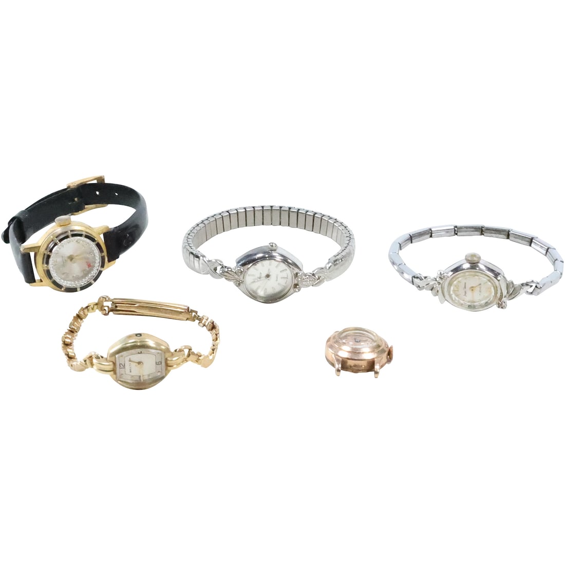 Assortment 5 Watches - Collezio Lucerne, Jacques- Verneaux, Bulova, Waltham: Assortment of Watches - Collezid Silvertone CZ size: 1 1/4 x 3/4, Lucerne 17 Jewels Swiss size: 1 1/4 x 1 , 1940's Jacques- Verneaux Silver Tone size: 1 1/2 x 3/4, Bulova 14k RGP Just Face size: 1 x 1