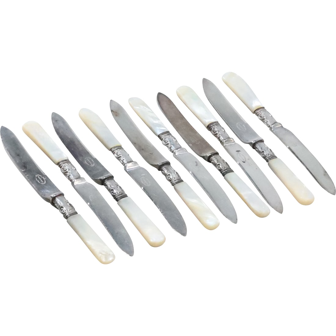 Set 10 Antique Small Dinner Knives with Mother of Pear Handles, Harrison Bros. Sheffield England: Set 10 Antique Small Dinner Knives with Mother of Pear Handles, Harrison Bros. Sheffield England size: 6.25 x .5
