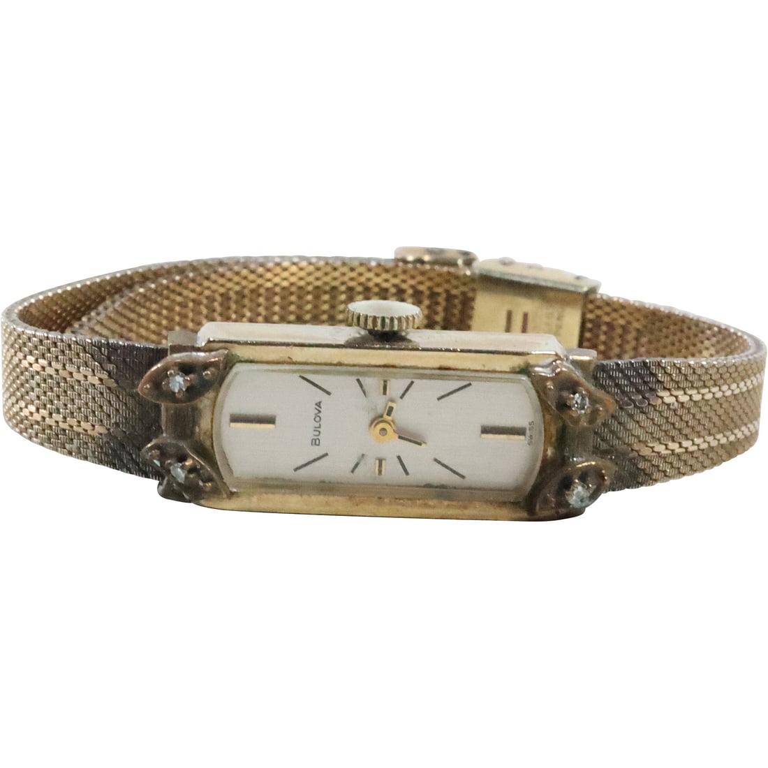 10K GF with 4 Diamonds Bulova Swiss Ladies Wristwatch, Vintage 19303-40, Works, Band is 10K GF: 10K GF with 4 Diamonds Bulova Swiss Ladies Wristwatch 1 1/4 in. x 1/2 in., Vintage 19303-40, Works, Band is 10K GF 8 in. x 1/2 in.