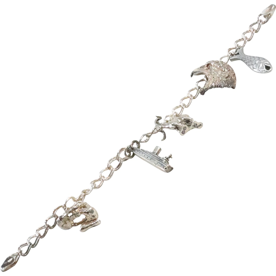.925 Sterling Silver Charm Bracelet with 5 Sterling Charms: Fish, Ram, Eagle, Man Panning, Ship (1 of 20)