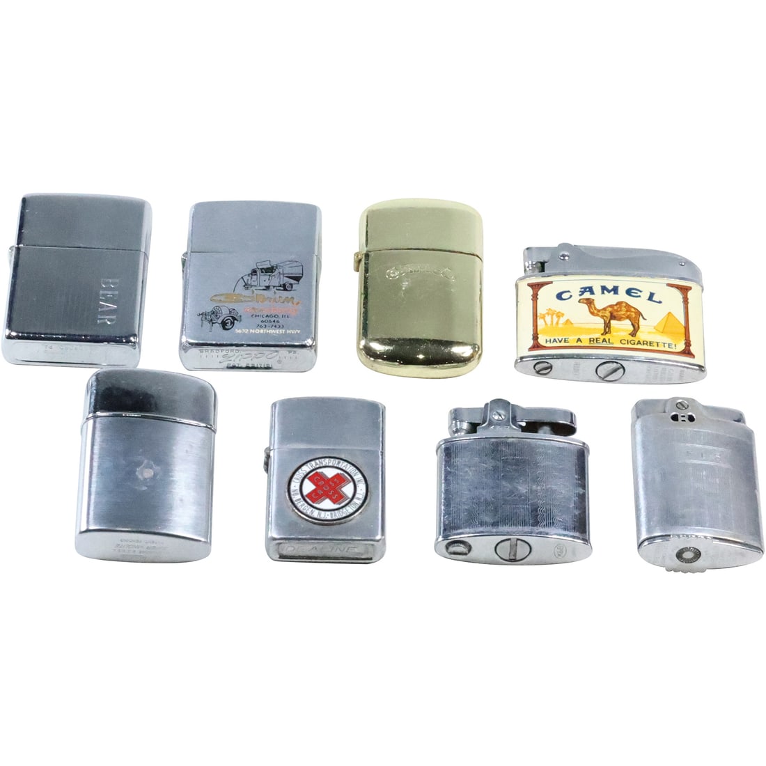 8 Assorted Vintage Cigarette Lighters: 2 Zippo Lighters Obrien, Bear; 2 Camel; 2 Ronson; K&B; (1 of 20)