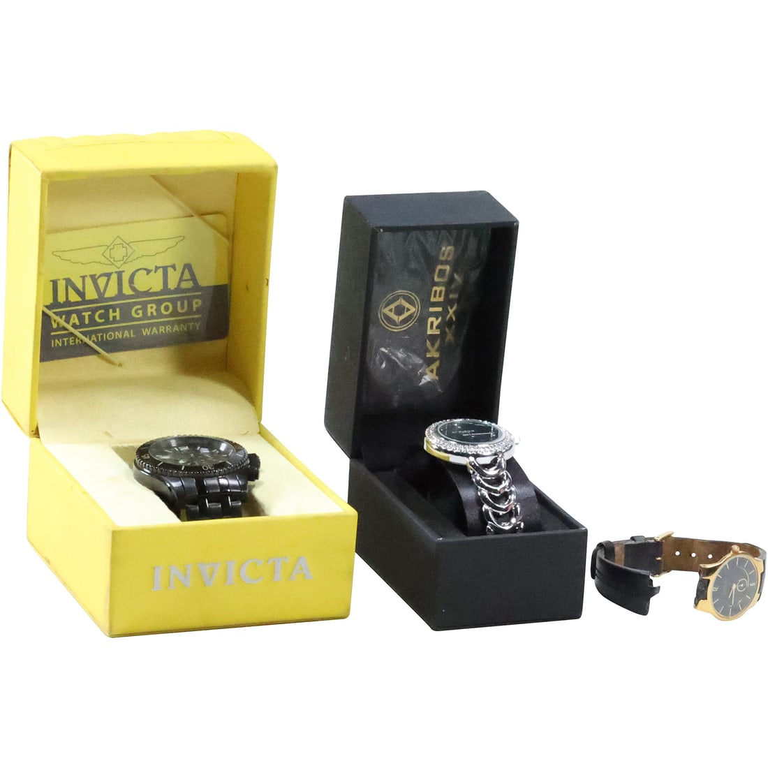 Invicta Model 0624 Tritnite Night Glow Swiss; Skagen Denmark Gold Tone Black Face Swiss;: Invicta Model 0624 Tritnite Night Glow Swiss in box; Skagen Denmark Gold Tone Black Face Swiss; Akribos Diamonique with Diamond Dial XXIV AK1050SSBK in box
