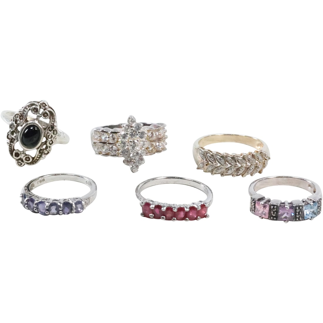 6 Assorted Sterling Silver Women's Rings - .925 Genuine Ruby Band [6 stones] Size 8; Leaf Design (1 of 20)