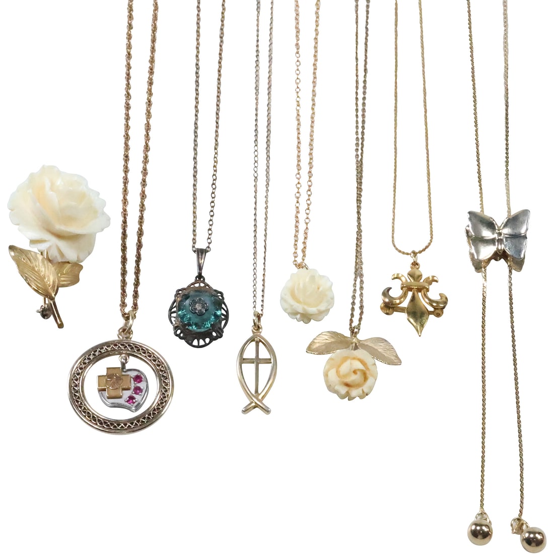 8 Assorted Gold Filled: 12K GF Bone Rose Pin; 12K GF Chain 14 in.; 12K GF Rose Pendant;: 8 Assorted Gold Filled: 12K GF Bone Rose Pin; 12K GF Chain 14 in.; 12K GF Rose Pendant; 10K GF Chain with Victorian pendant 18 in.; 12K GF 16 in. chain with Rose Pendant; 12K GF Butterfly Slider Neckl