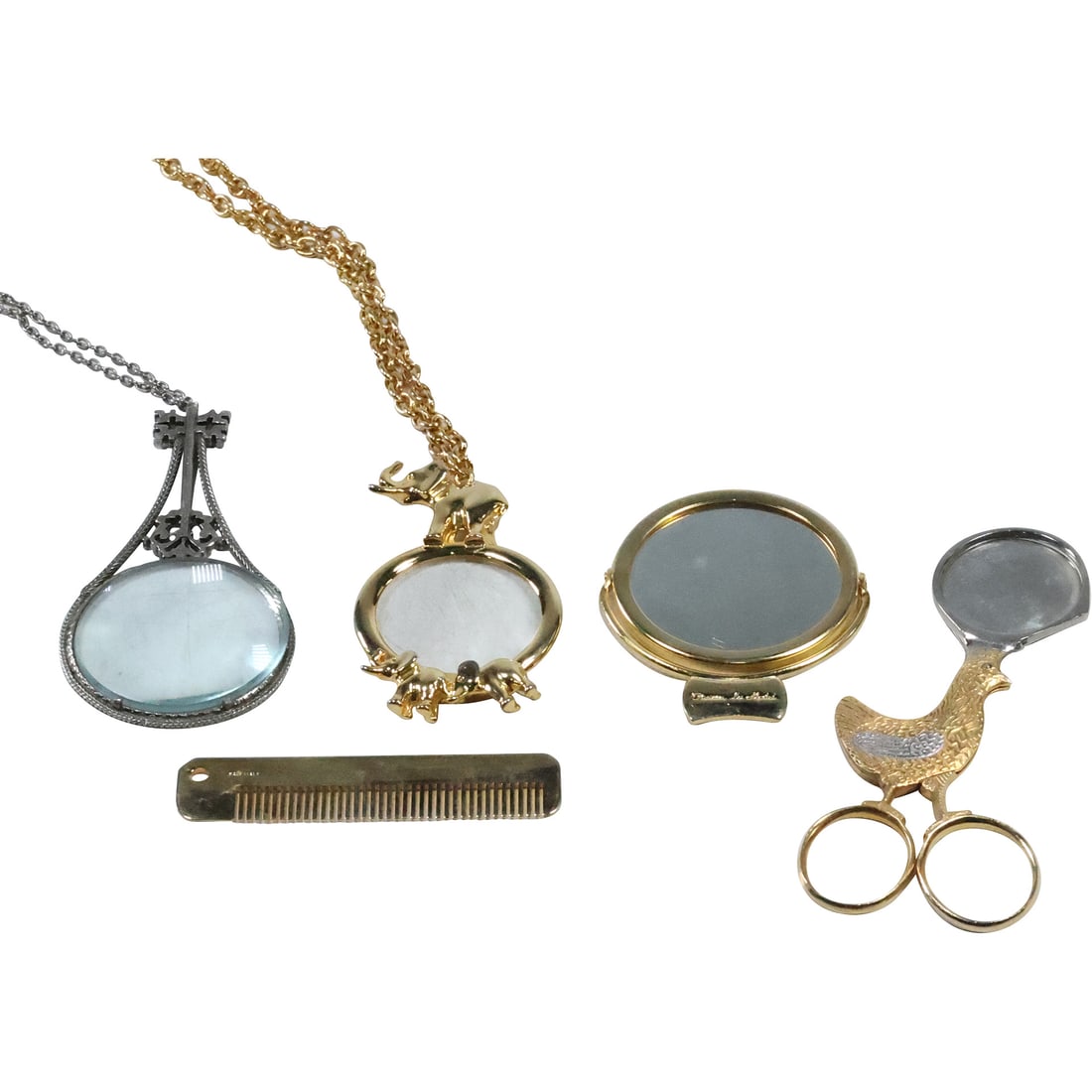 5 Assorted Dresser Top Pieces: Quail Cigar Cutter; Finesse Hand Mirror; Elephant Magnify on Chain; (1 of 20)