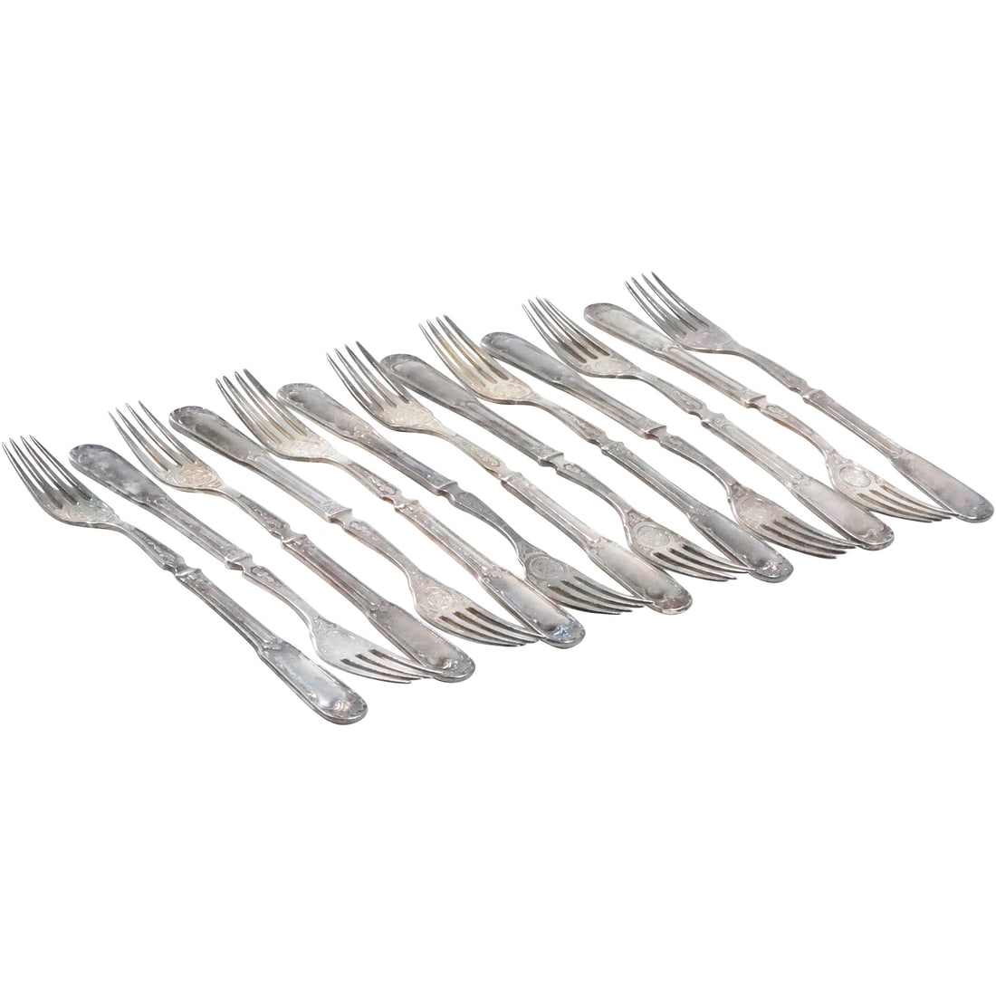 13 Antique Silver Plate Dinner Forks with Insignia 7 1/4 in. length: 13 Antique Silver Plate Dinner Forks with Insignia 7 1/4 in. length