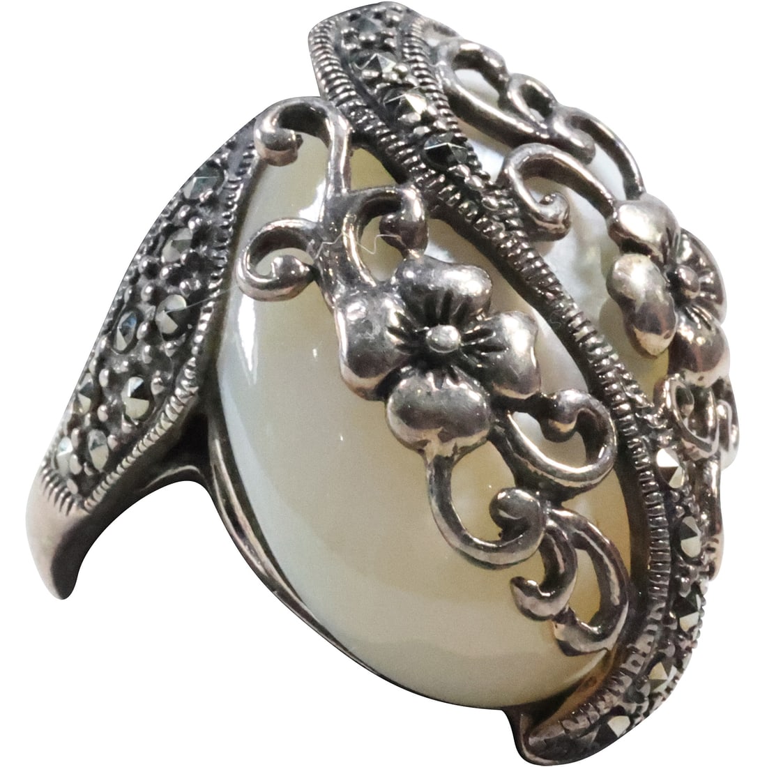 Sterling Silver and Mother-of-Pearl and Marcasites Ring Size 8 , 1 in. x 1 1/8 in.: Sterling Silver and Mother-of-Pearl and Marcasites Ring Size 8 , 1 in. x 1 1/8 in.
