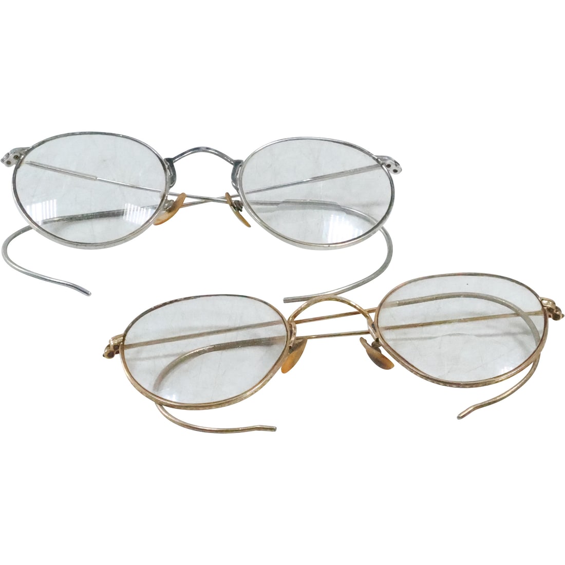[2] 12K GF White Gold Metal Wire Glasses ; 12K GF Yellow Gold Wire Glasses, Gold Arms and Rims: [2] 12K GF White Gold Metal Wire Glasses 4 1/2 in. v 4 1/2 in. ; 12K GF Yellow Gold Wire Glasses, Gold Arms and Rims 5 in. x 4 1/2 in.