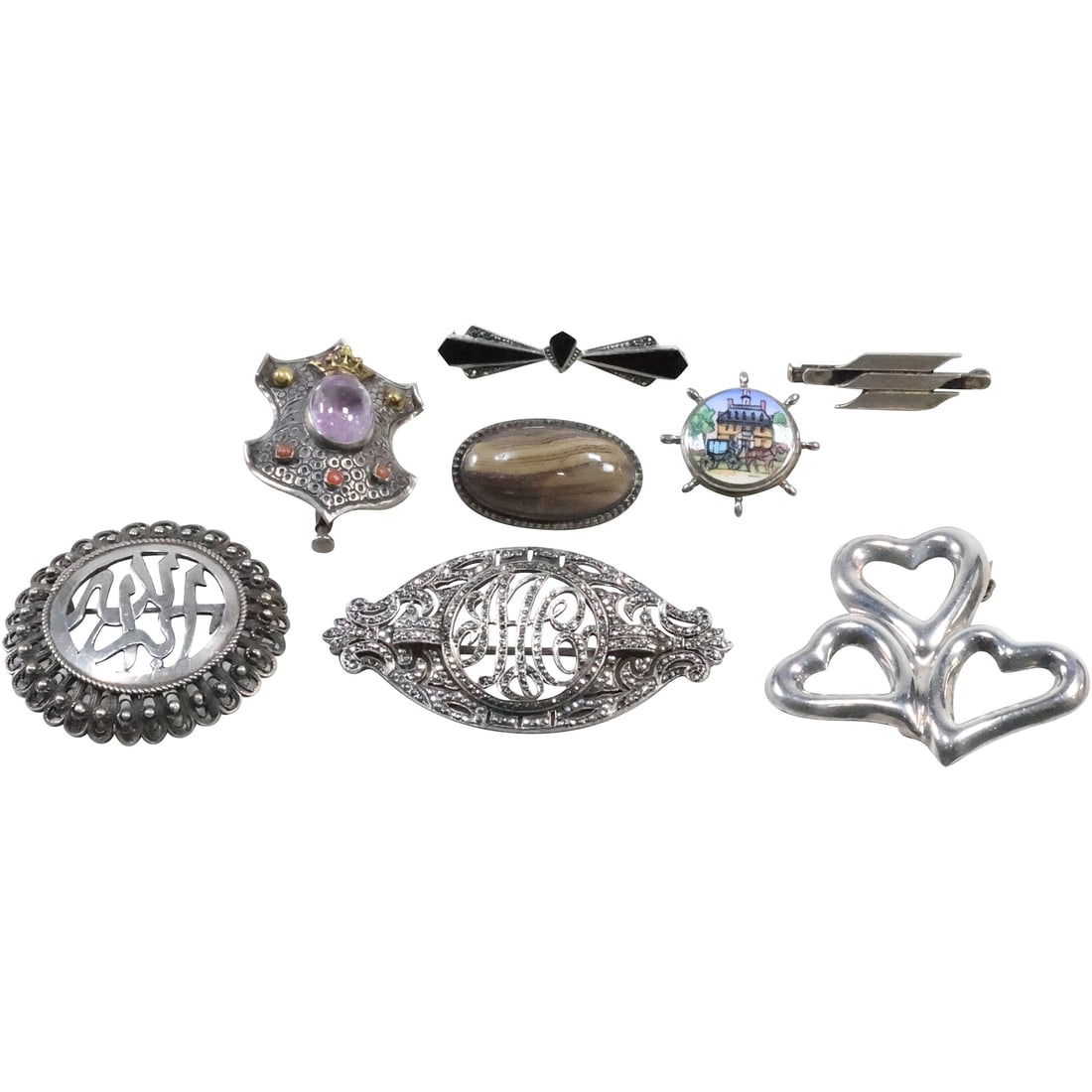 8 Assorted Sterling Silver Pins: Victorian Marcasites Initial Pin; Ahip's Wheel with Scene Pin; (1 of 20)