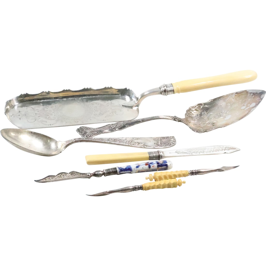7 Victorian Serving Utensils [6] Silver Plate {1] Sterling: 2 Fish Picks Bone Handle; Hand Painted: 7 Victorian Serving Utensils [6] Silver Plate {1] Sterling: 2 Fish Picks Bone Handle 4 3/4 in. x 3/8 in. ; Hand Painted Porcelain Sterling Fish Knife 6 1/2 in. x 3/4 in.; Mappin & Webb with Bone Handl