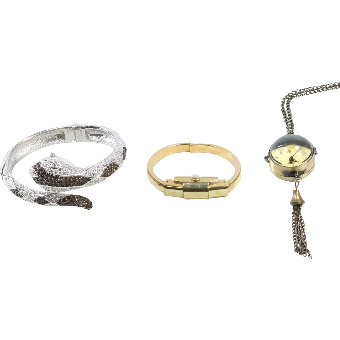 [3] Glass Ball and Bronze Watch on Chain 32 in.; KJL Snake Rhinestone Bracelet -Watch 2 3/4 in. dia. (1 of 20)