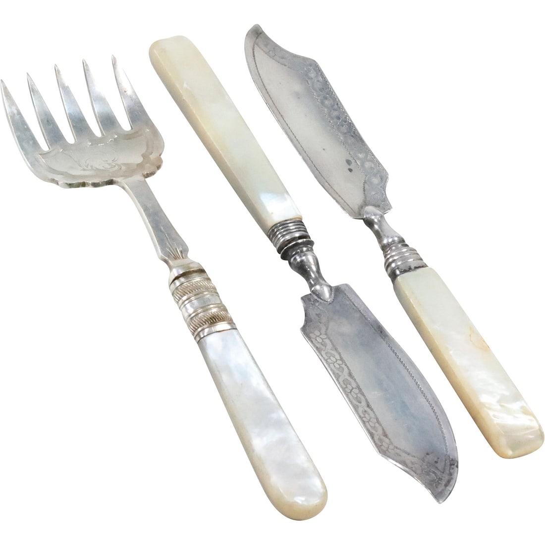 3 Antique Silver Plate Serving Utensils, Hallmarked, Mother-of-Pearl Handles 6 in. length (1 of 20)