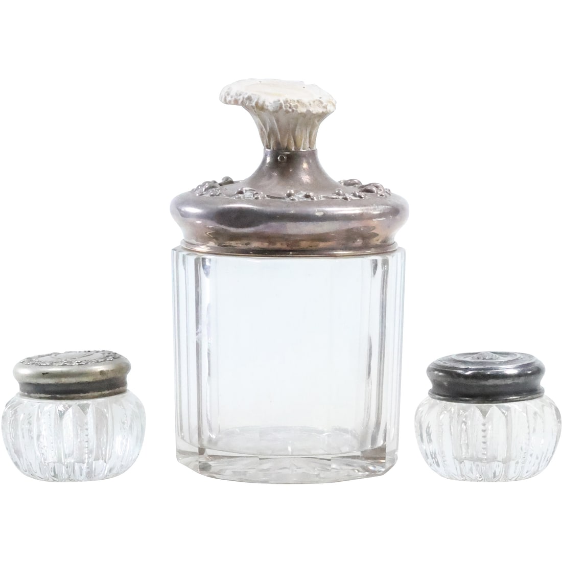 3 Assorted Antique Sterling Silver Top Glass Dresser Jars; 1 Large 3 1/4 in. x 5 1/2 in. ; 2 Small (1 of 20)