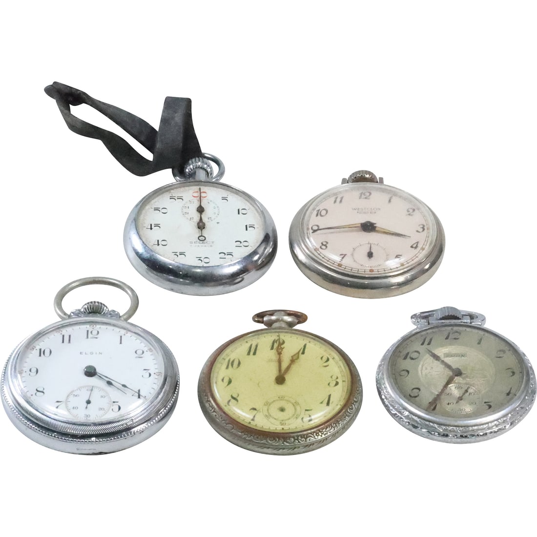 5 Assorted Pocket Watches: Westclox, Select , 2 Elgin , Nassy Railroad Pocket Watch 2 in. dia. (1 of 20)