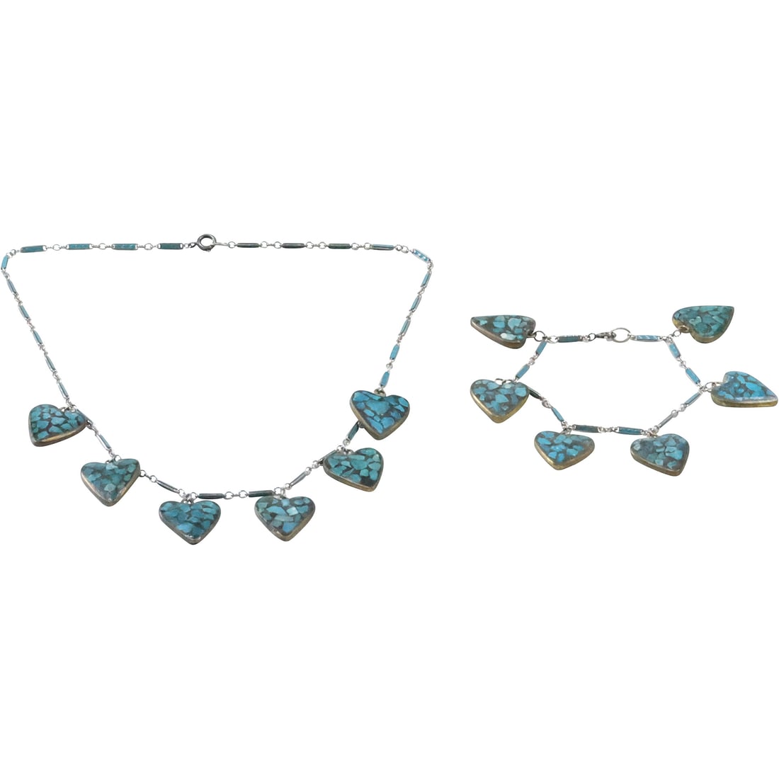 Sterling Silver and Turquoise Necklace and Bracelet Turquoise Mosaic in Brass Frames Heart Charms (1 of 20)
