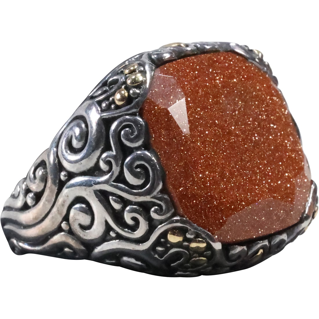 .925 Sterling and 18K Gold Heavy Chunky Hand Tooled, Gold Dust Stone Ring size 12: .925 Sterling and 18K Gold Heavy Chunky Hand Tooled, Gold Dust Stone Ring size 12 , 1 in. x 7/8 in.