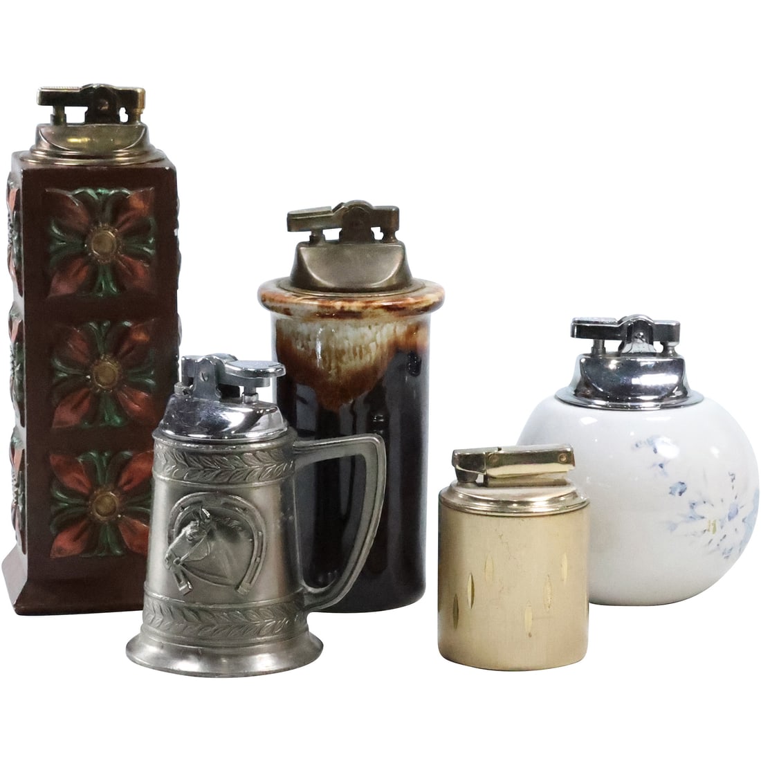 5 Assorted Table Lighters: Pewter Tankard, Brass Kreisler, Remington Brown Glaze; Wood; (1 of 20)