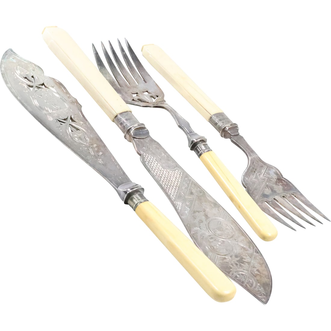 [4] JW & Co EP Antique 2 Serving Forks and 2 Serving Knives Sterling Bands, Bone Handles: [4] JW & Co EP Antique 2 Serving Forks 9 1/4 in. x 2 in. and 2 Serving Knives 12 in. x 2 in. Sterling Bands, Bone Handles