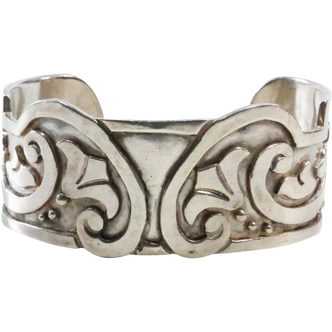 Heavy Sterling Silver Carved Flowers Wide Cuff Bracelet, Weighs 64.9 grams, 2 3/4 in. x 1 1/4 in. (1 of 14)