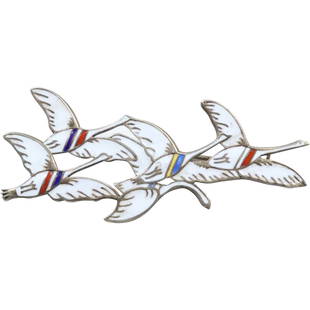 Sterling Silver Enameled Flying Geese Pin, Erik Magnussen Eneret Denmark 2 1/2 in. x 1 1/8 in.: Sterling Silver Enameled Flying Geese Pin, Erik Magnussen Eneret Denmark 2 1/2 in. x 1 1/8 in; Erik Magnussen was a Danish silversmith and designer. He was from 1925 to 1939 based in the United States