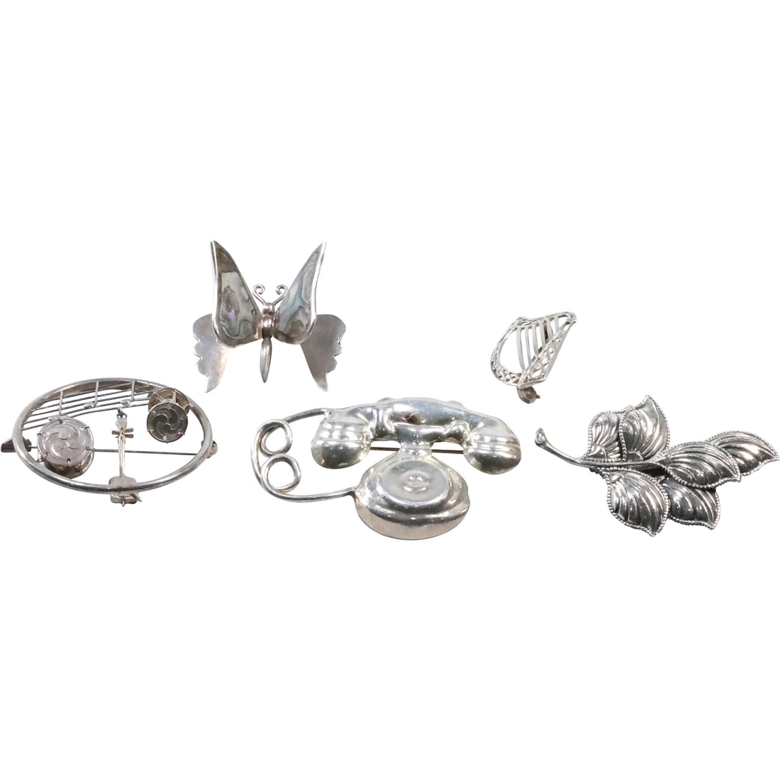5 Assorted .925 Sterling Silver Pins: Hallmark Harp Pin; Telephone Pin; Butterfly Pin; Leaf, Musical (1 of 20)