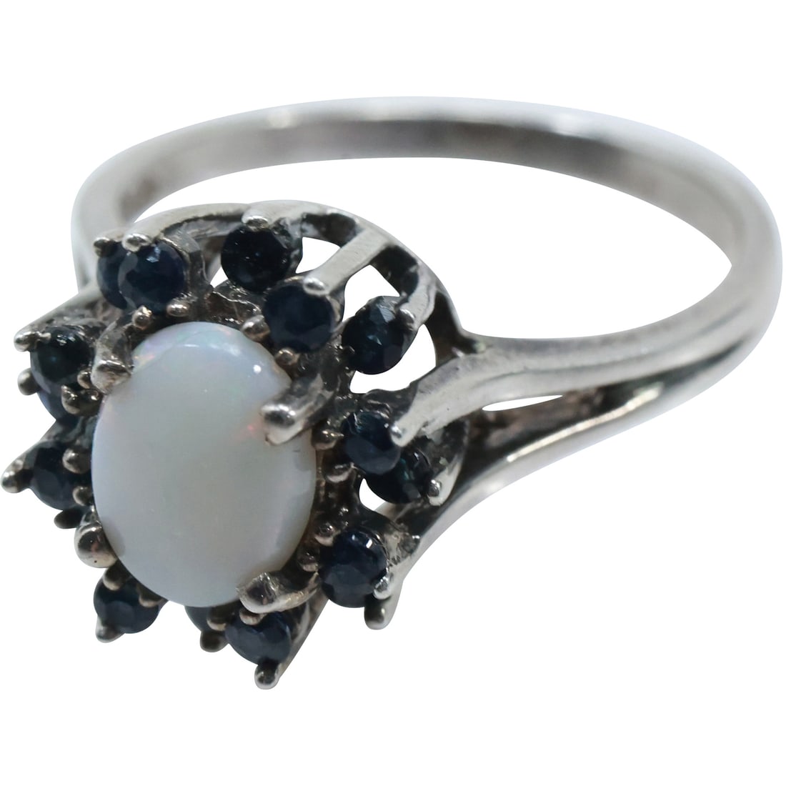 .925 Sterling Silver Opal with 16 Blue Sapphires Surrounding Center Stone Ring Size 8.75 (1 of 12)