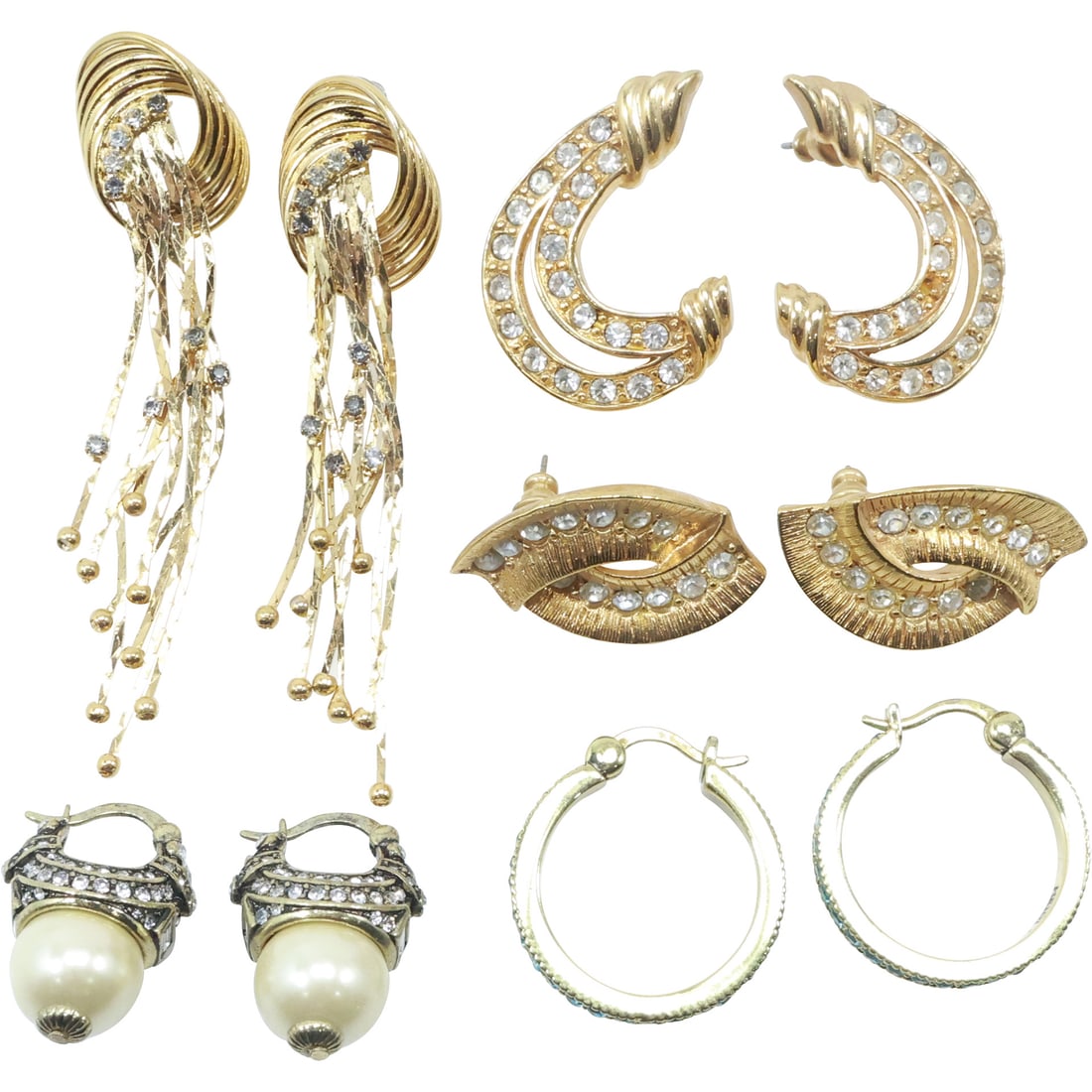 5 Assorted Pairs Gold Tone Earrings: Fringe with Rhinestones; Half C with Rhinestones; Trifari Half: 5 Assorted Pairs Gold Tone Earrings: Fringe with Rhinestones; Half C with Rhinestones; Trifari Half Hoops; Heidi Daus Hoops with Blue Rhinestones; Heidi Daus Pearls and Rhinestones. Sizes range 1 1/8 