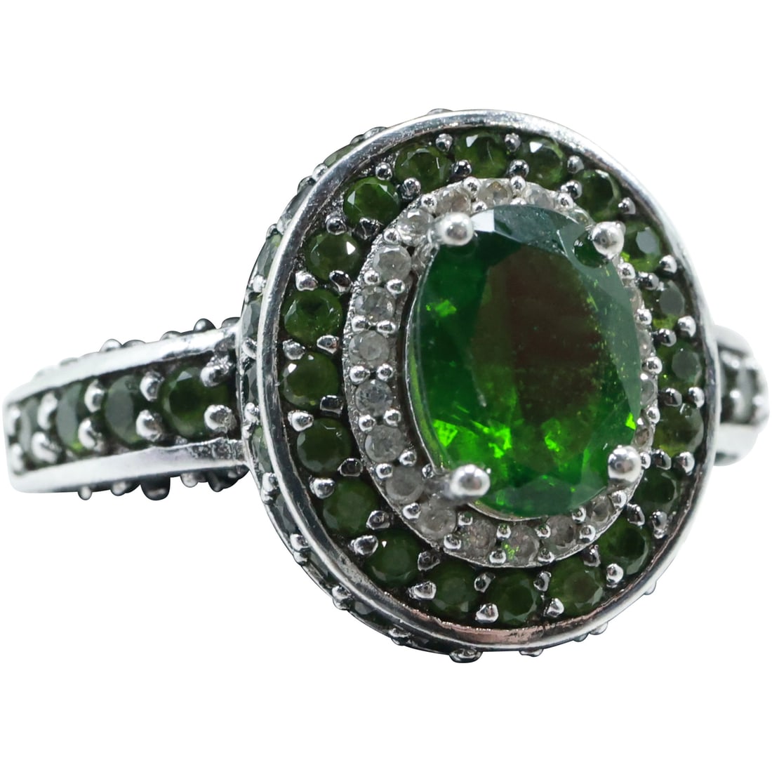 .925 Sterling Silver with Emeralds & Clear Spinels Ring Size 8 , 7/8 in. x 5/8 in. (1 of 13)