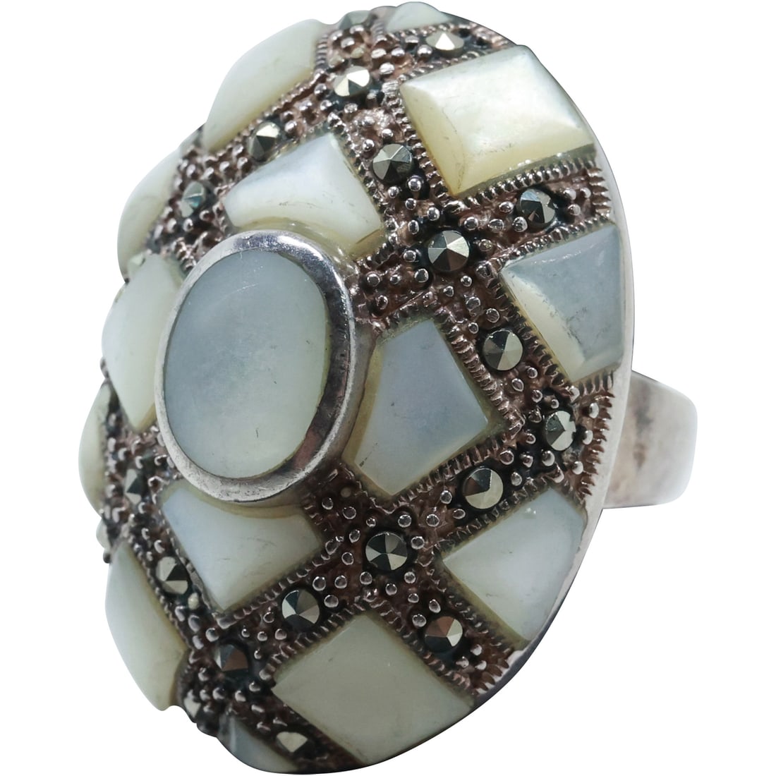Sterling Silver Mother-of-Pearl and Marcasites  Criss-Cross Design Ring Size 8 , 1 in. x 1 3/8 in. (1 of 18)