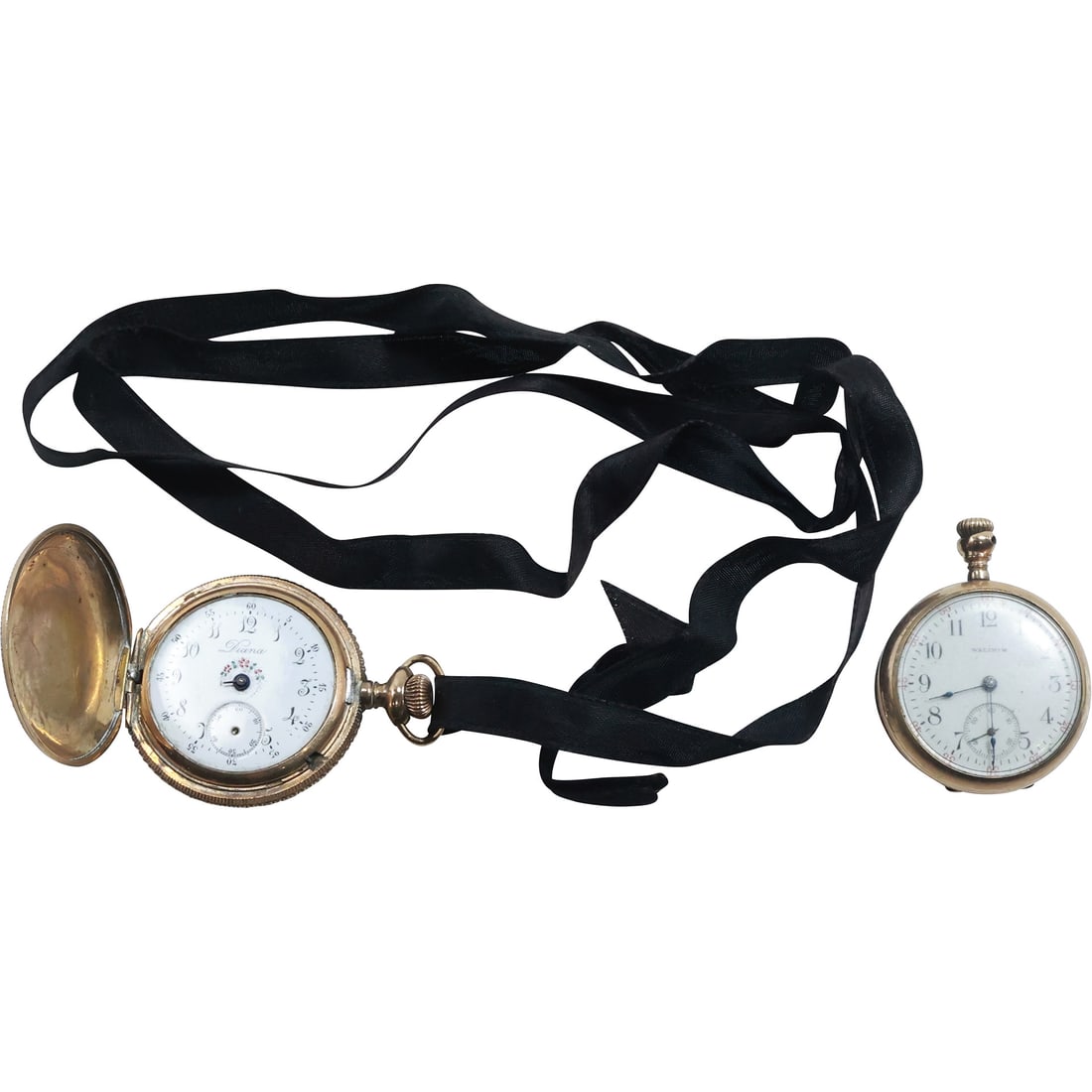 2 Vintage Pocket Watches: Waltham GF Ladies & 10K RGP Diane Ladies Pocket Watch: 2 Vintage Pocket Watches: Waltham GF Ladies 1 3/4 in. x 1 3/8 in. & 10K RGP Diane Ladies Pocket Watch 1 7/8 in. x 1 1/2 in., both not working.