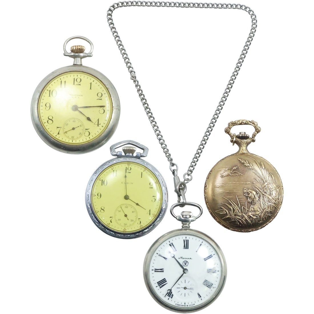4 Assorted Vintage Pocket Watches: Elgin, Waltham USA; CCCP Wolves, Lord Nelson 17 Jewels (1 of 19)
