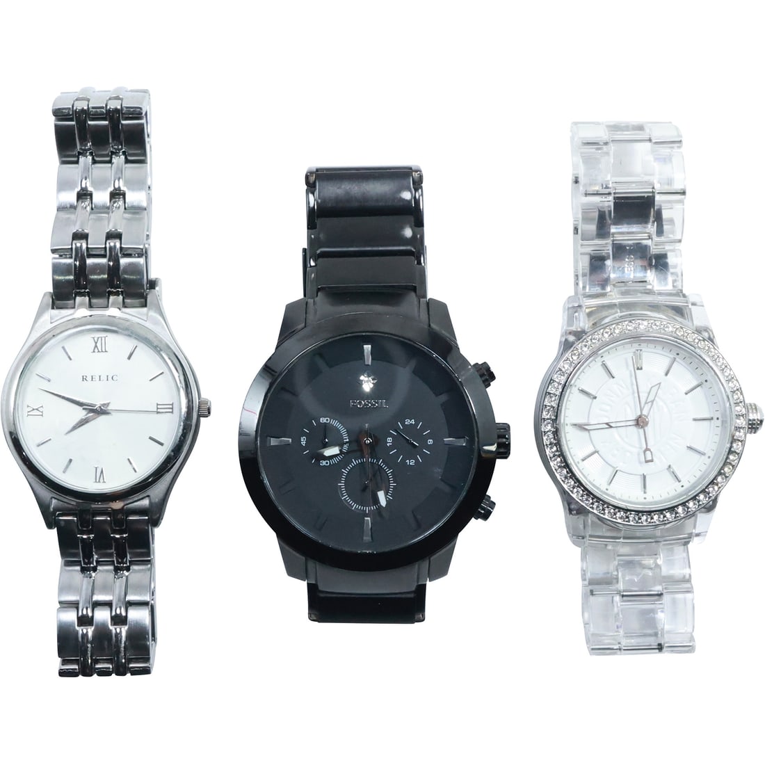 [3] Assorted Men's Wristwatches: Relic Silver Tone ; Donna Karen New Yor White Face; Fossil Black (1 of 20)